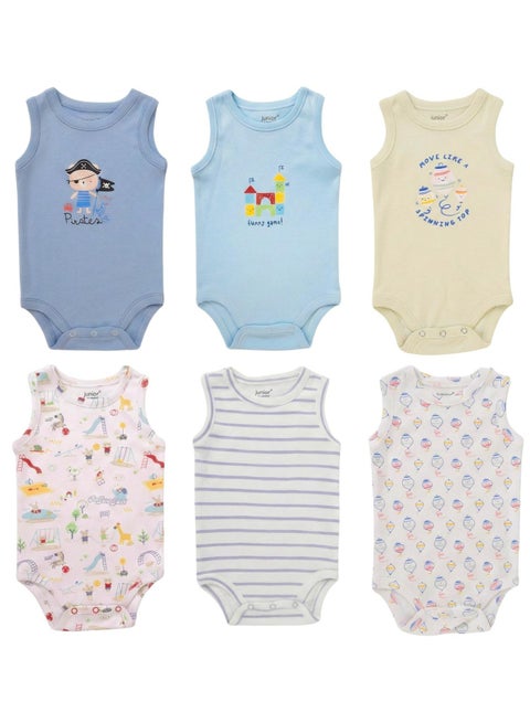 Junior Sleeveless Bodysuits 6-Pack, Pirate & Playground Prints, Striped & Solid Colors, 100% Cotton - Baby Boy